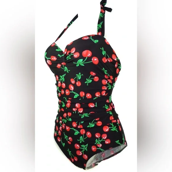 Retro 50s Inspired Cherry Print Black and Red Swimsuit Size 3XL - Picture 6 of 7